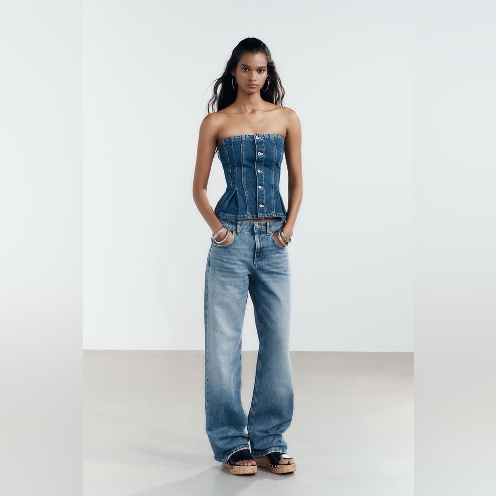 Zara dark Stone Wash Blue Wide Leg Mid-High Rise Denim Jeans